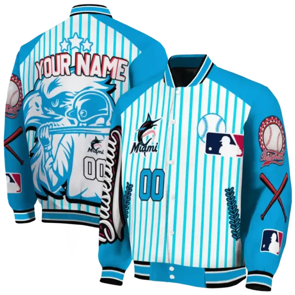 personalized miami marlins eagle baseball blue white varsity jacket fashion forward