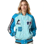 personalized miami marlins eagle baseball blue white varsity jacket best selling