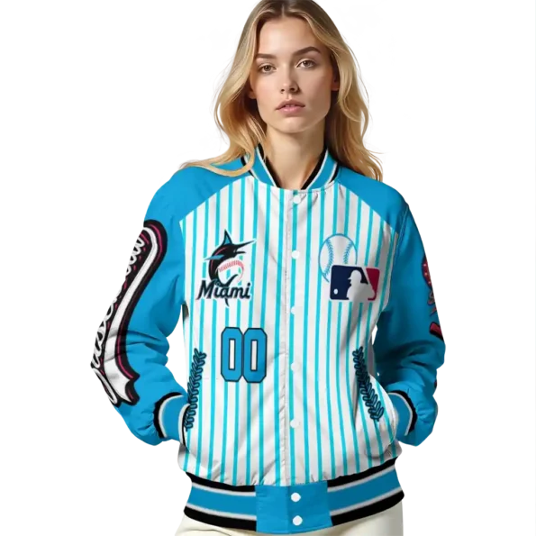 personalized miami marlins eagle baseball blue white varsity jacket latest model