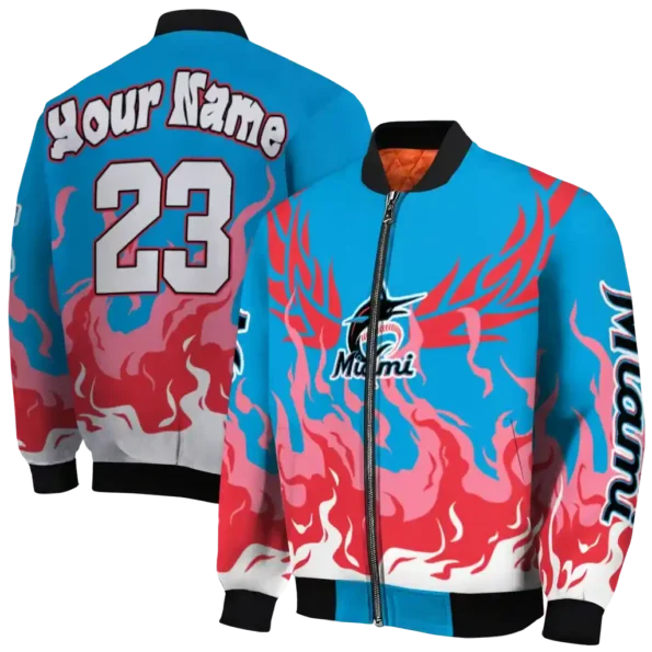 personalized miami marlins winged blaze blue white bomber jacket fashion forward