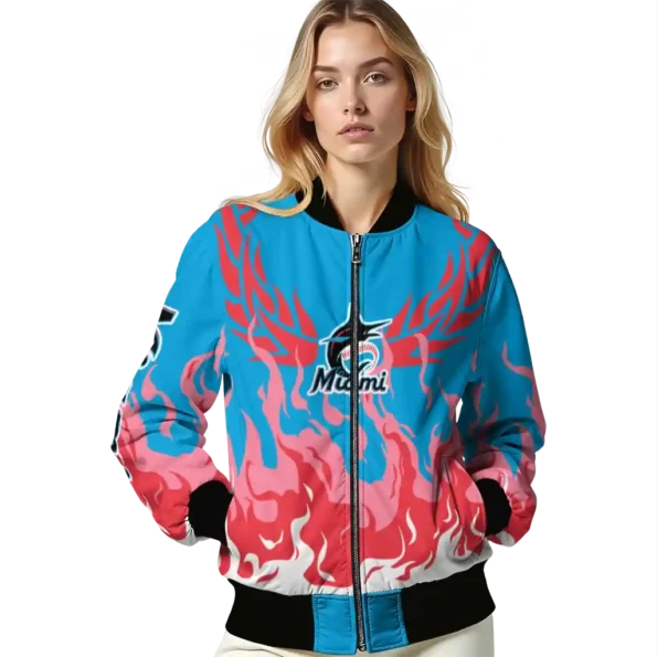 personalized miami marlins winged blaze blue white bomber jacket latest model