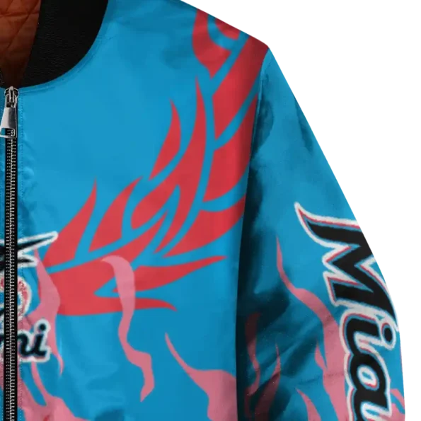 personalized miami marlins winged blaze blue white bomber jacket premium grade