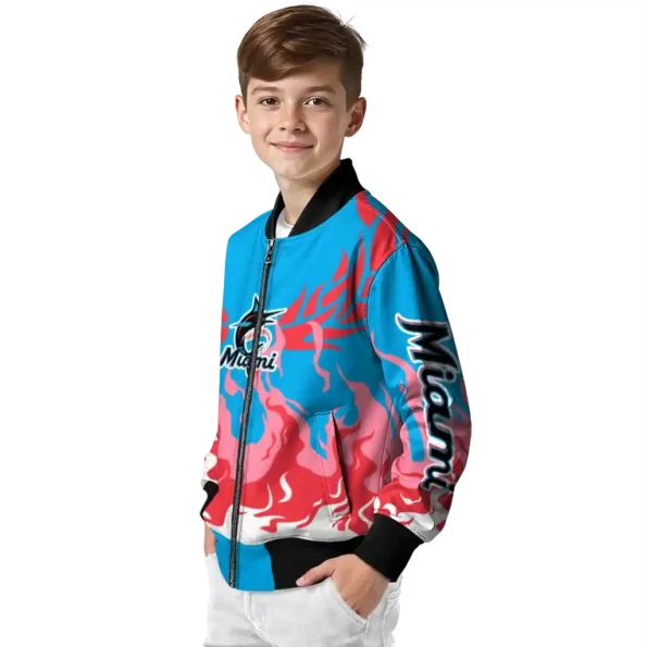 personalized miami marlins winged blaze blue white bomber jacket trendy