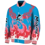 personalized miami marlins winged blaze blue white varsity jacket best selling