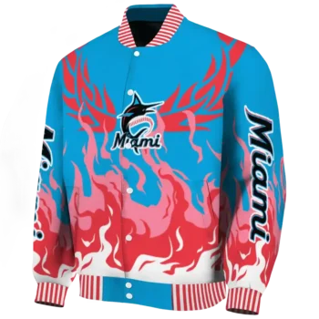 personalized miami marlins winged blaze blue white varsity jacket best selling
