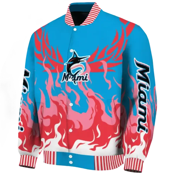 personalized miami marlins winged blaze blue white varsity jacket best selling