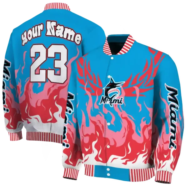 personalized miami marlins winged blaze blue white varsity jacket fashion forward