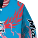 personalized miami marlins winged blaze blue white varsity jacket best selling