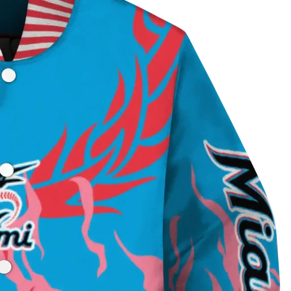 personalized miami marlins winged blaze blue white varsity jacket premium grade