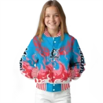 personalized miami marlins winged blaze blue white varsity jacket best selling