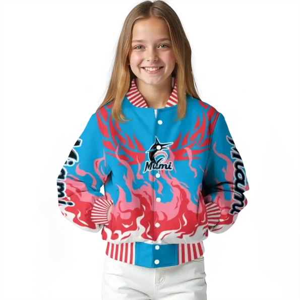personalized miami marlins winged blaze blue white varsity jacket top rated