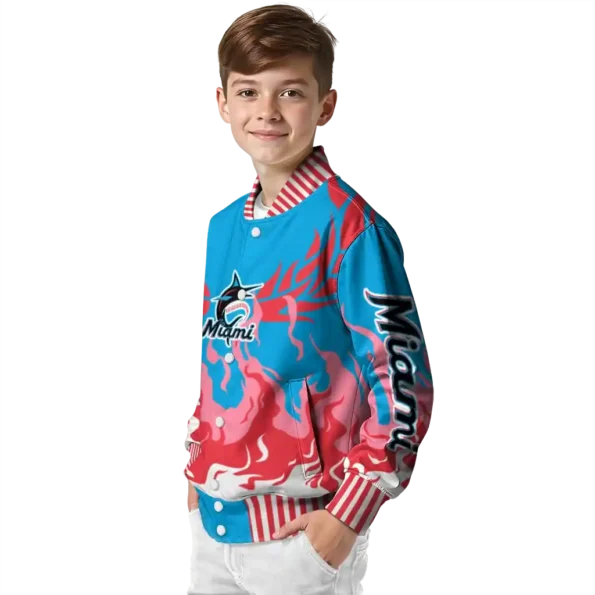 personalized miami marlins winged blaze blue white varsity jacket trendy
