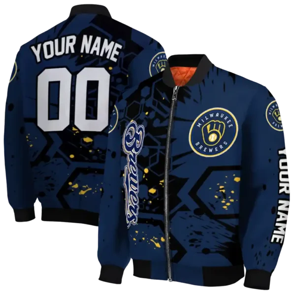 personalized milwaukee brewers hexagon cluster navy blue black bomber jacket fashion forward