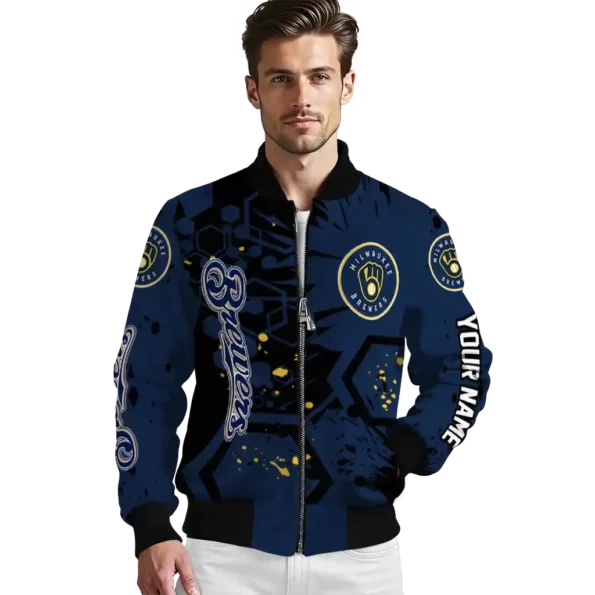 personalized milwaukee brewers hexagon cluster navy blue black bomber jacket high quality