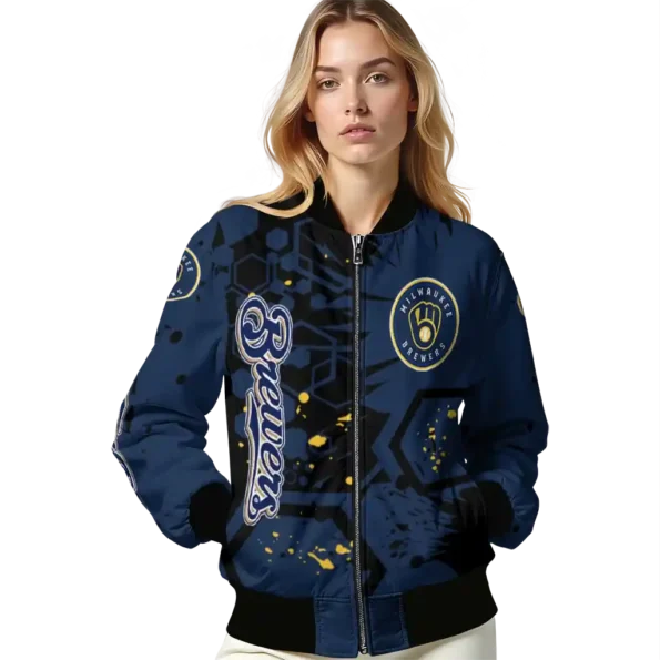 personalized milwaukee brewers hexagon cluster navy blue black bomber jacket latest model