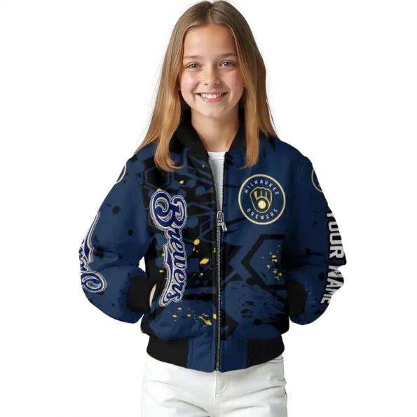 personalized milwaukee brewers hexagon cluster navy blue black bomber jacket top rated