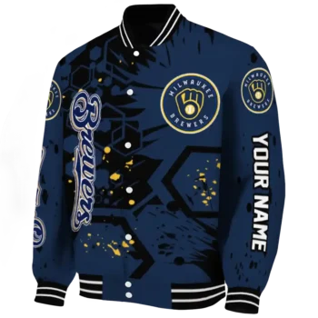 personalized milwaukee brewers hexagon cluster navy blue black varsity jacket best selling