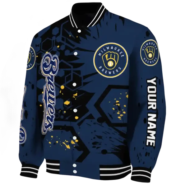 personalized milwaukee brewers hexagon cluster navy blue black varsity jacket best selling