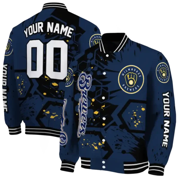 personalized milwaukee brewers hexagon cluster navy blue black varsity jacket fashion forward