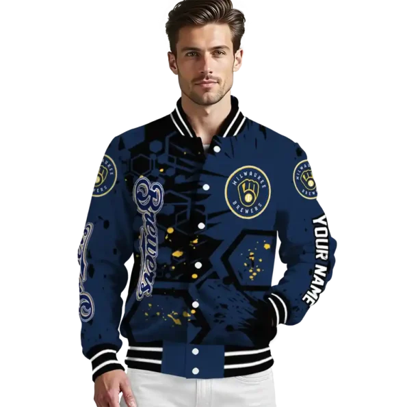 personalized milwaukee brewers hexagon cluster navy blue black varsity jacket high quality
