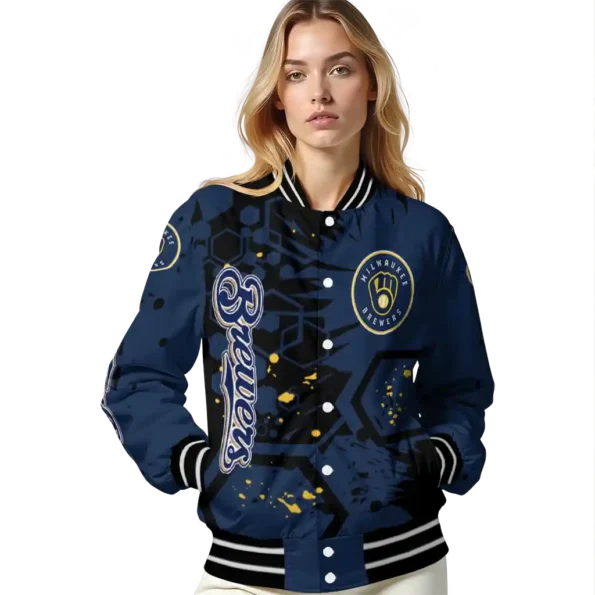 personalized milwaukee brewers hexagon cluster navy blue black varsity jacket latest model