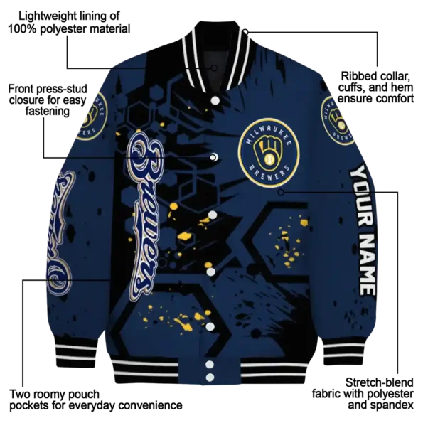 personalized milwaukee brewers hexagon cluster navy blue black varsity jacket new arrival