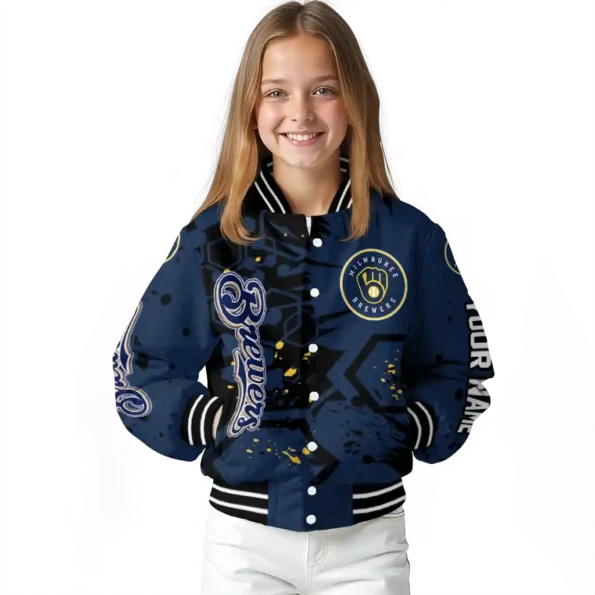 personalized milwaukee brewers hexagon cluster navy blue black varsity jacket top rated