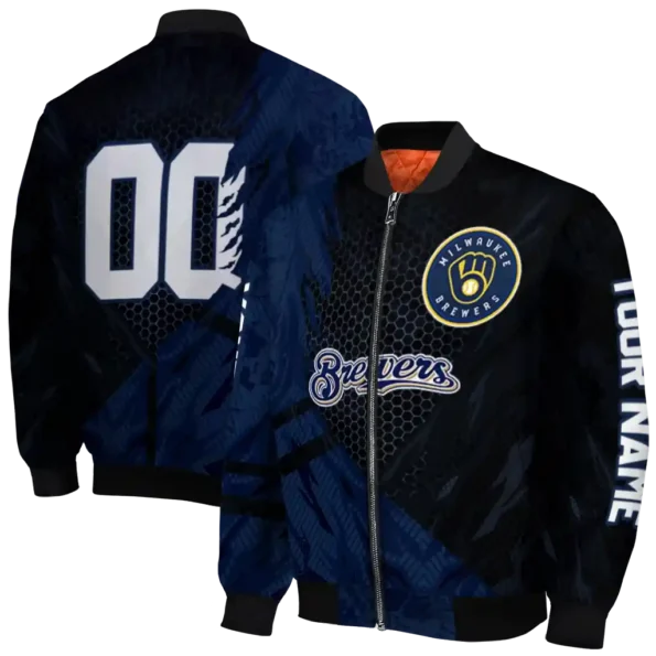 personalized milwaukee brewers hexagon mesh navy blue black bomber jacket fashion forward
