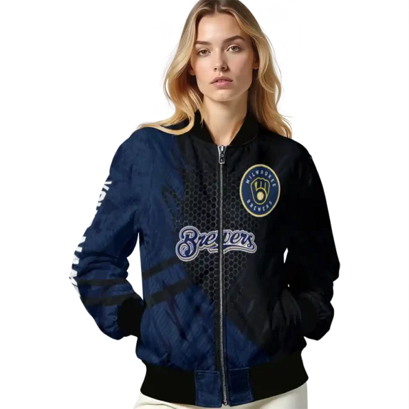personalized milwaukee brewers hexagon mesh navy blue black bomber jacket latest model