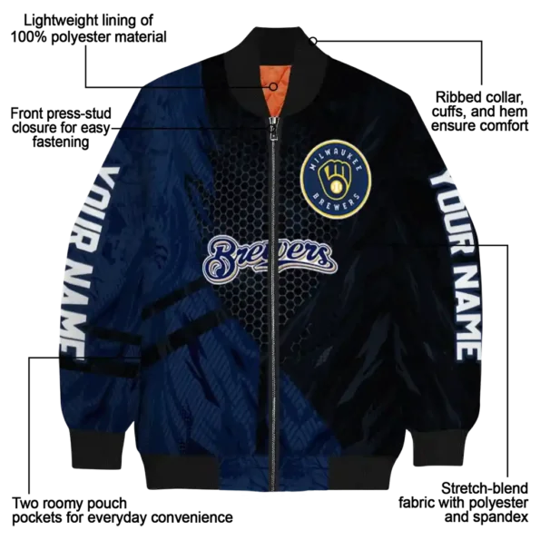 personalized milwaukee brewers hexagon mesh navy blue black bomber jacket new arrival