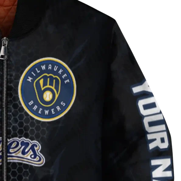 personalized milwaukee brewers hexagon mesh navy blue black bomber jacket premium grade