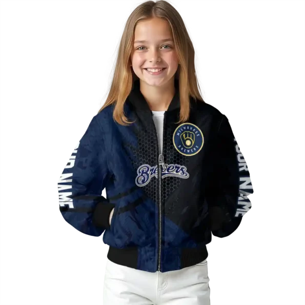 personalized milwaukee brewers hexagon mesh navy blue black bomber jacket top rated