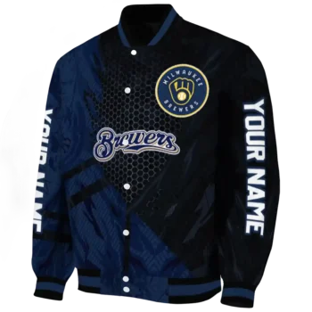 personalized milwaukee brewers hexagon mesh navy blue black varsity jacket best selling