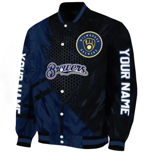personalized milwaukee brewers hexagon mesh navy blue black varsity jacket best selling