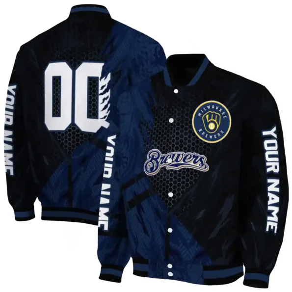 personalized milwaukee brewers hexagon mesh navy blue black varsity jacket fashion forward