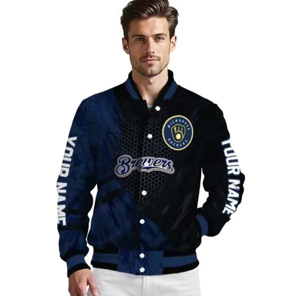 personalized milwaukee brewers hexagon mesh navy blue black varsity jacket high quality