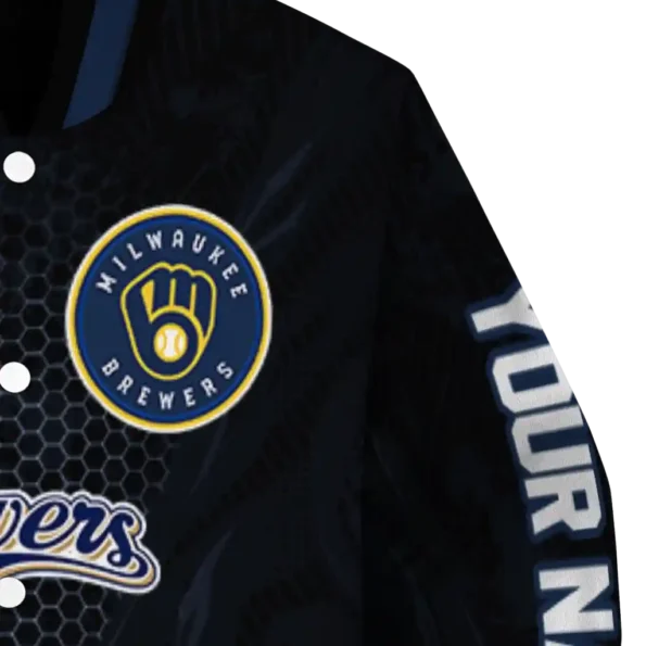 personalized milwaukee brewers hexagon mesh navy blue black varsity jacket premium grade