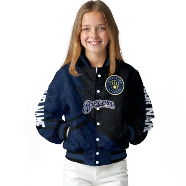 personalized milwaukee brewers hexagon mesh navy blue black varsity jacket top rated