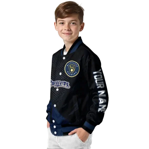 personalized milwaukee brewers hexagon mesh navy blue black varsity jacket trendy