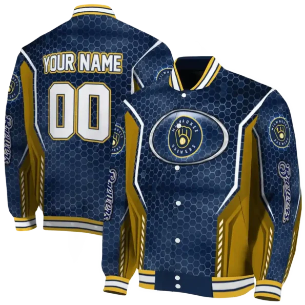 personalized milwaukee brewers power plate navy blue varsity jacket fashion forward