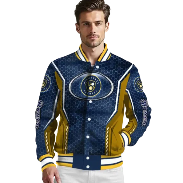 personalized milwaukee brewers power plate navy blue varsity jacket high quality