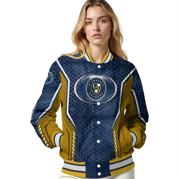 personalized milwaukee brewers power plate navy blue varsity jacket latest model
