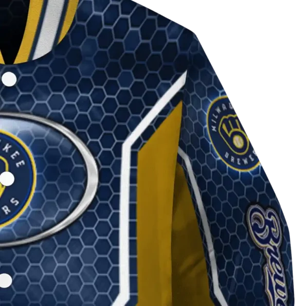 personalized milwaukee brewers power plate navy blue varsity jacket premium grade