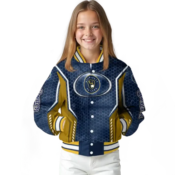 personalized milwaukee brewers power plate navy blue varsity jacket top rated