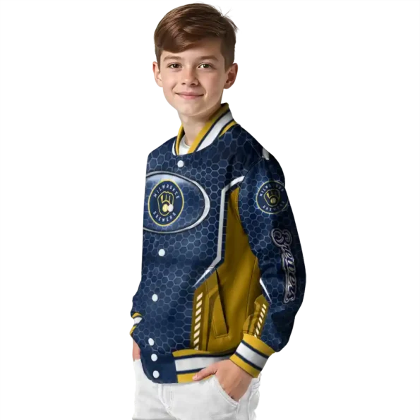 personalized milwaukee brewers power plate navy blue varsity jacket trendy