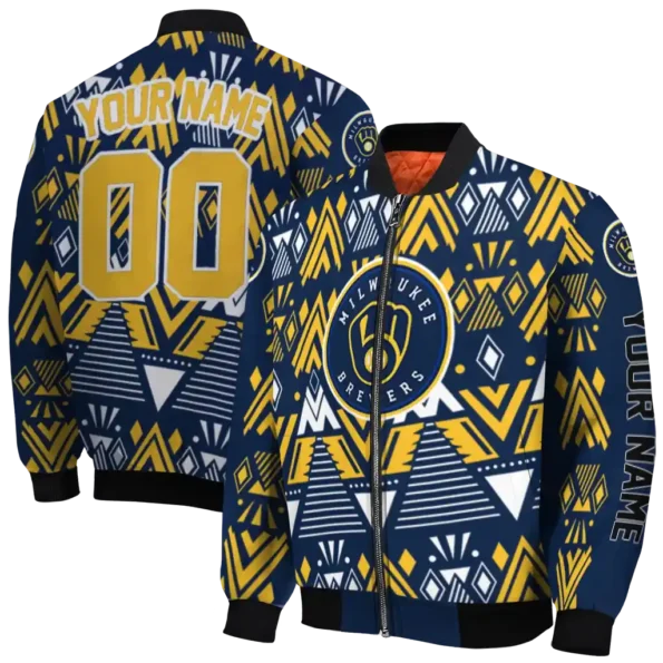 personalized milwaukee brewers pyramid shapes navy blue bomber jacket fashion forward