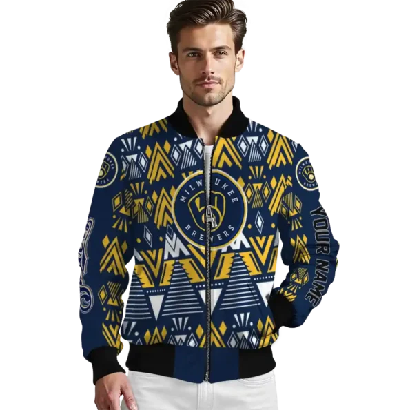 personalized milwaukee brewers pyramid shapes navy blue bomber jacket high quality