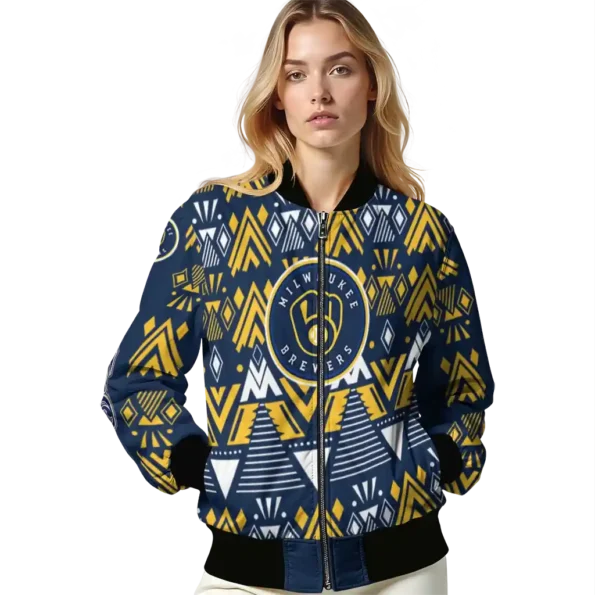personalized milwaukee brewers pyramid shapes navy blue bomber jacket latest model