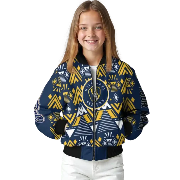 personalized milwaukee brewers pyramid shapes navy blue bomber jacket top rated