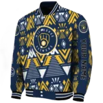 personalized milwaukee brewers pyramid shapes navy blue varsity jacket best selling